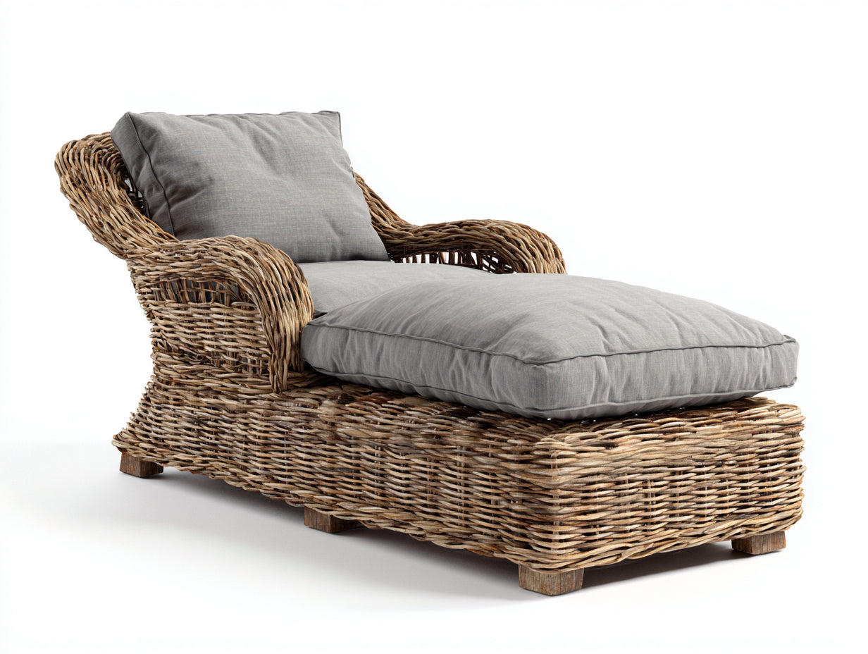 Bain de soleil - rotin-tissu - 190x76x86 cm - naturel-gris - style rustique