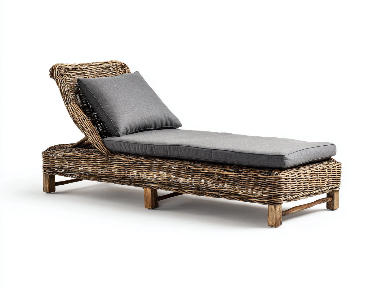 Bain de soleil - rotin-tissu - 195x70x78 cm - naturel-gris - style bohème
