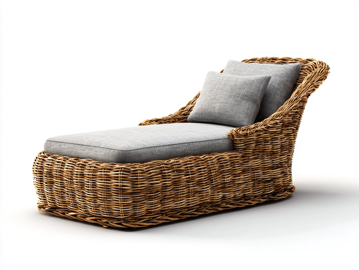 Bain de soleil - rotin-tissu - 192x74x84 cm - miel-gris clair - style naturel