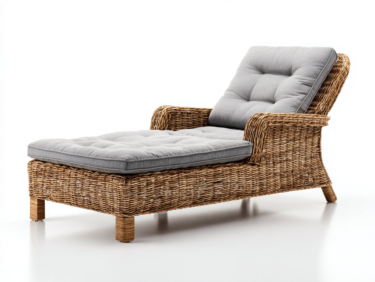 Bain de soleil - rotin-tissu - 190x75x86 cm - naturel-gris clair - style campagne