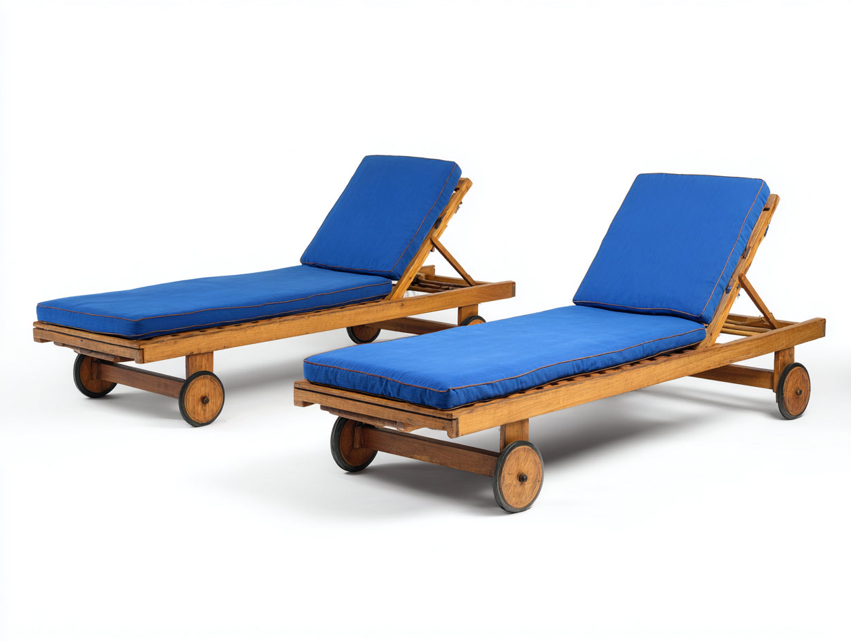 Bain de soleil - bois-tissu - 202x72x86 cm - bois miel-bleu - style mobile